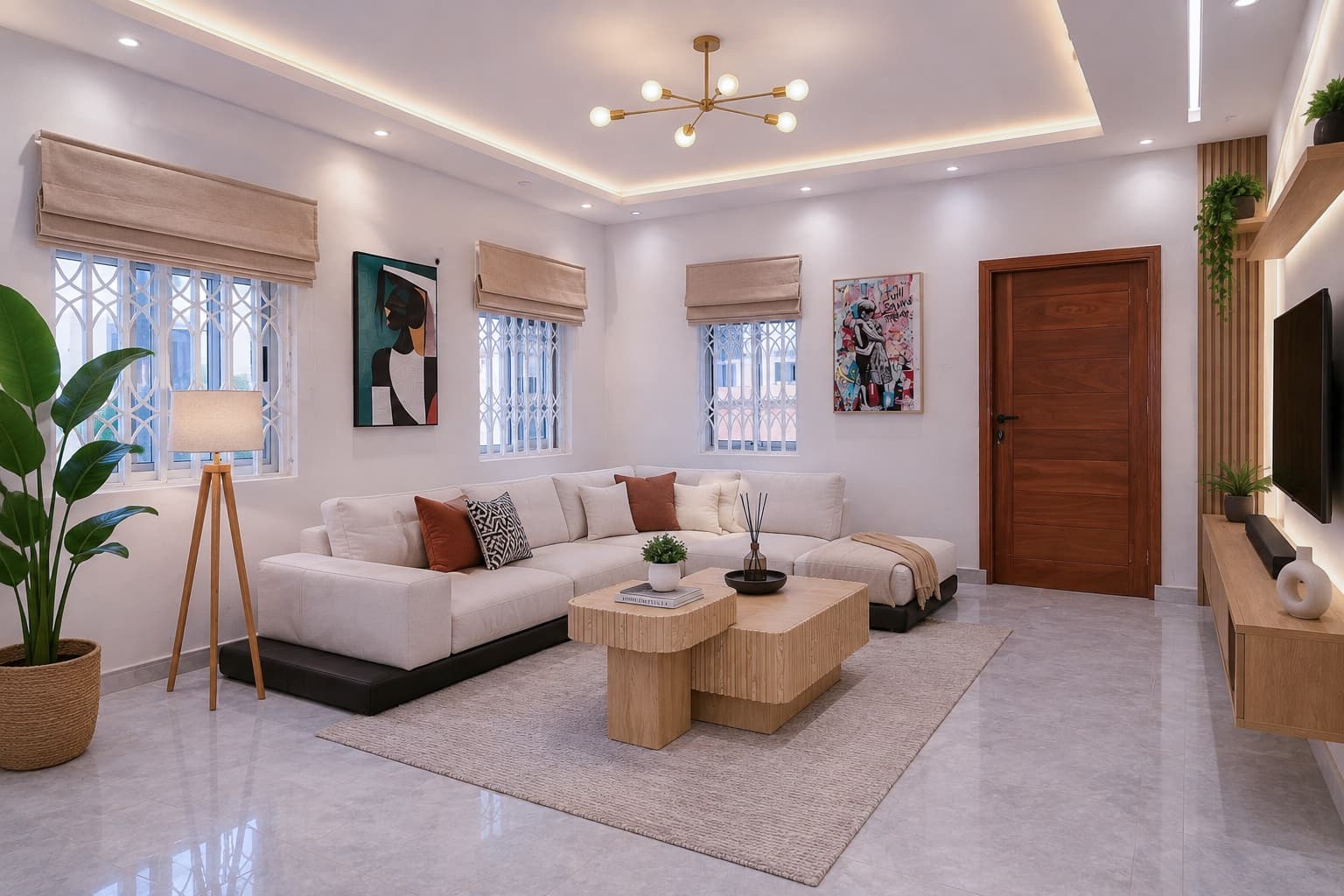 A bright family lounge with a cream sectional sofa, a timber coffee table, bold contemporary artwork and linen blinds