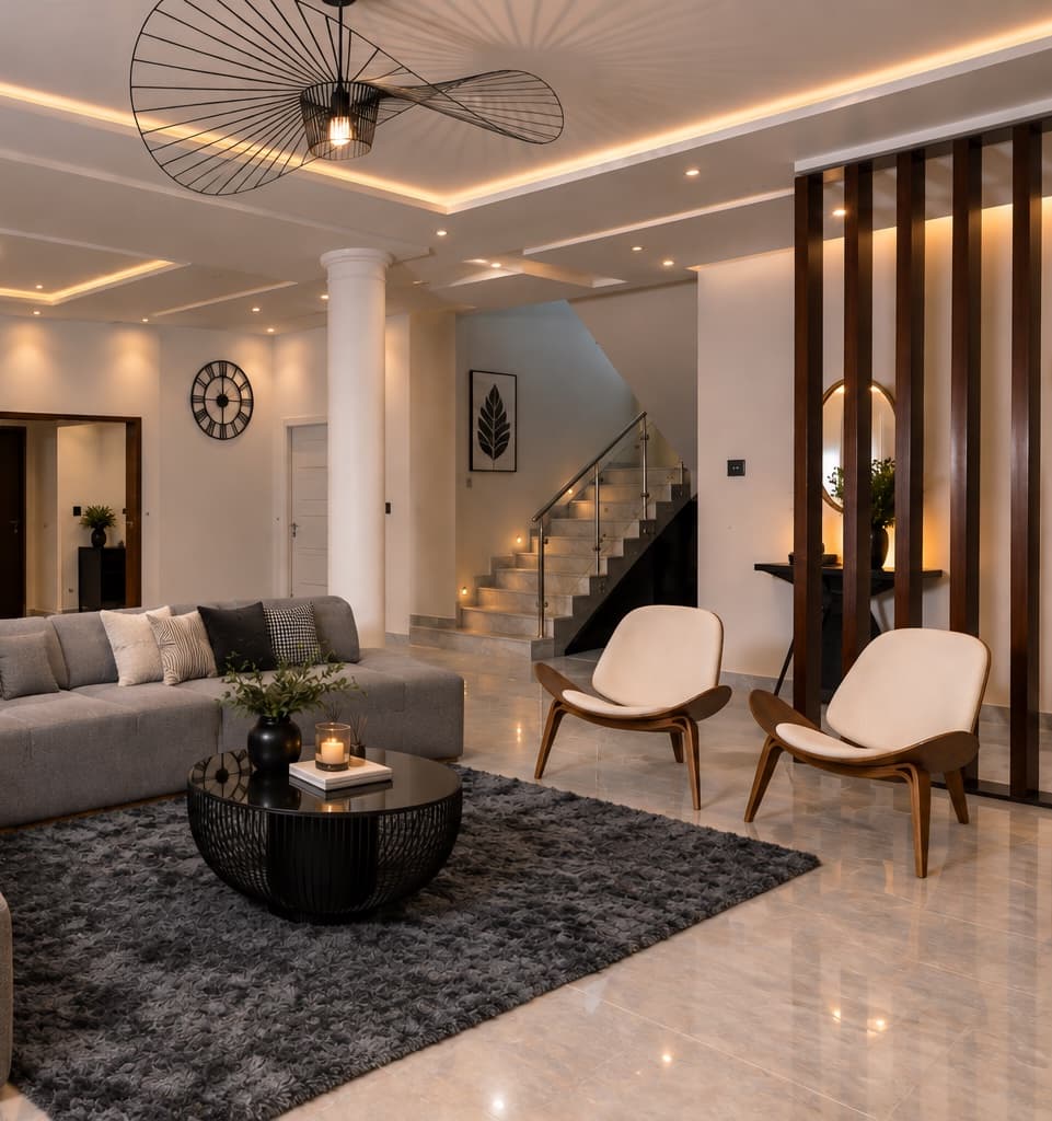 The lounge with two cream shell chairs beside a timber-slatted screen, a white column and a softly lit floating staircase