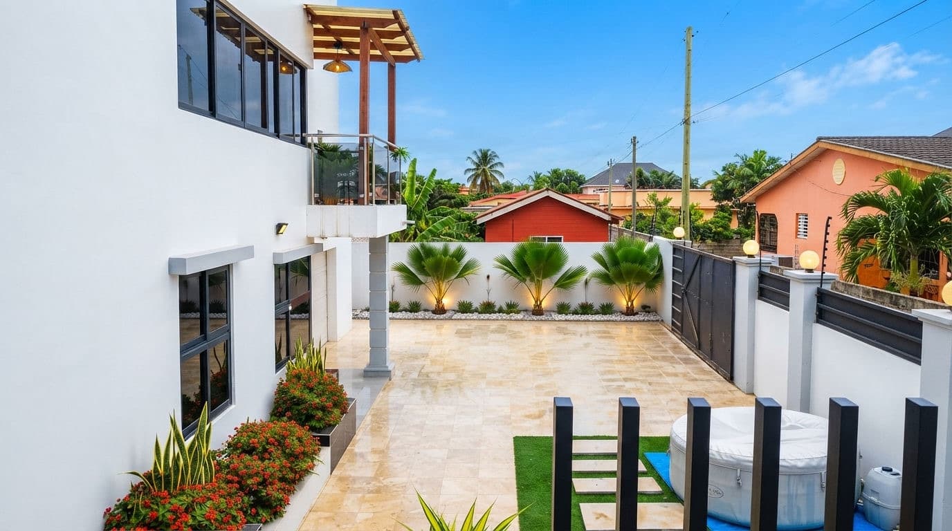 Baobab Nook’s courtyard, entrance gate and surrounding neighbourhood on Top Base Road